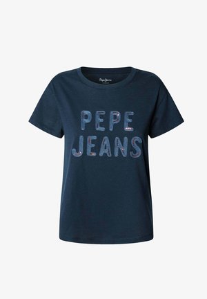 T-shirt blu navy in cotone con logo "PEPE JEANS" in lettere multicolori e testurizzate sul davanti. Design a maniche corte e collo rotondo.