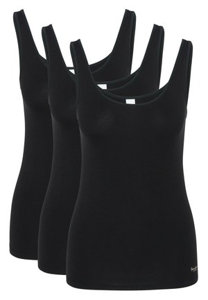 Drei schwarze Tanktops aus einem weichen Stoff, mit breiten Trägern und einem runden Ausschnitt, in einer figurnahen Passform.