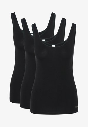 Tre top neri senza maniche realizzati in un tessuto morbido, con spalline larghe e scollatura rotonda, dalla silhouette aderente.