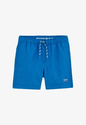 Pantalones de baño azules hechos de tela ligera, con una cintura elástica y cordón, acentos de malla en los laterales y detalle de logo.
