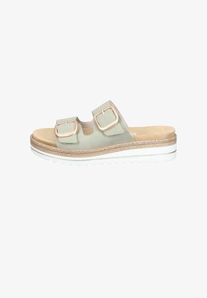 Light green slip-on sandal with two adjustable buckled straps, beige cushioned footbed, woven detail midsole, and white ridged outsole.