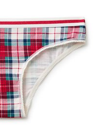 Damesondergoed met een ruitjespatroon in rood, wit, blauw en groen en een elastische tailleband met rode strepen op een witte achtergrond.