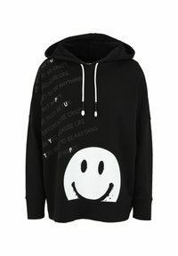 Schwarzer Hoodie aus Baumwollmischung mit großem weißen Smiley-Gesichtsdruck und Text in verschiedenen Schriftarten entlang der Seite. Mit einer Zugband-Detail am Kapuzenbereich.