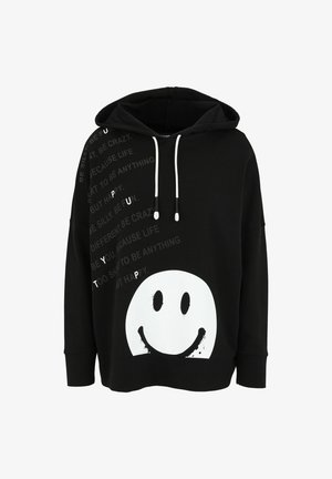 Black hoodie made of cotton blend with a large white smiley face print and text in varying fonts along the side. Drawstring detail at the hood.