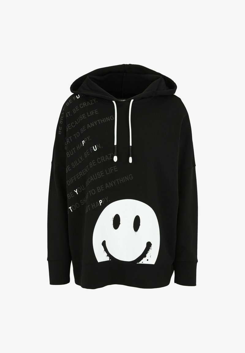 Schwarzer Hoodie aus Baumwollmischung mit großem weißen Smiley-Gesichtsdruck und Text in verschiedenen Schriftarten entlang der Seite. Mit einer Zugband-Detail am Kapuzenbereich.