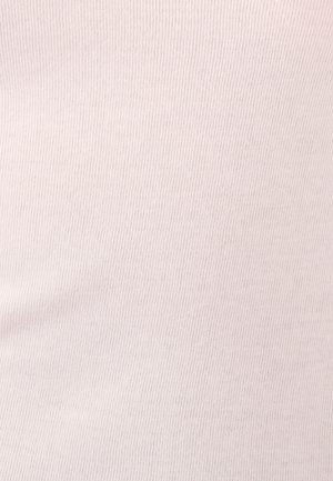 Light pink ribbed fabric with a smooth texture, featuring vertical stripes and a soft, stretchy composition. Ideal for fitted garments.