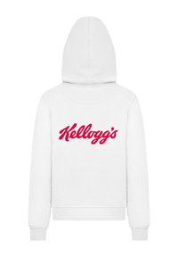 Weißer Baumwoll-Hoodie mit rotem "Kellogg's"-Logo, das auf dem Rücken gedruckt ist. Klassisches Design mit Kapuze und gerippten Bündchen. Glatte Textur.
