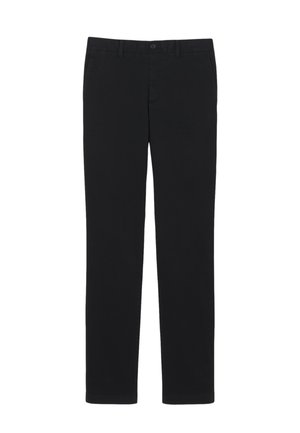 Pantalones negros de pierna recta con presillas para cinturón, cierre delantero con botón y cremallera, mostrados sin fondo.