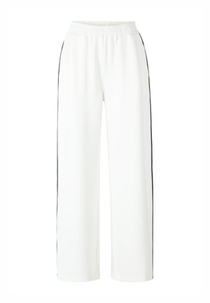 Witte broek met wijde benen, uitgerust met een elastische tailleband en zwarte zijstrepen. Glad stoffen textuur met een relaxed fit door de hele benen.