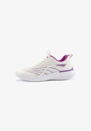 White athletic shoe with purple accents, featuring a textured upper, lace closure, and a cushioned sole for comfort and support.