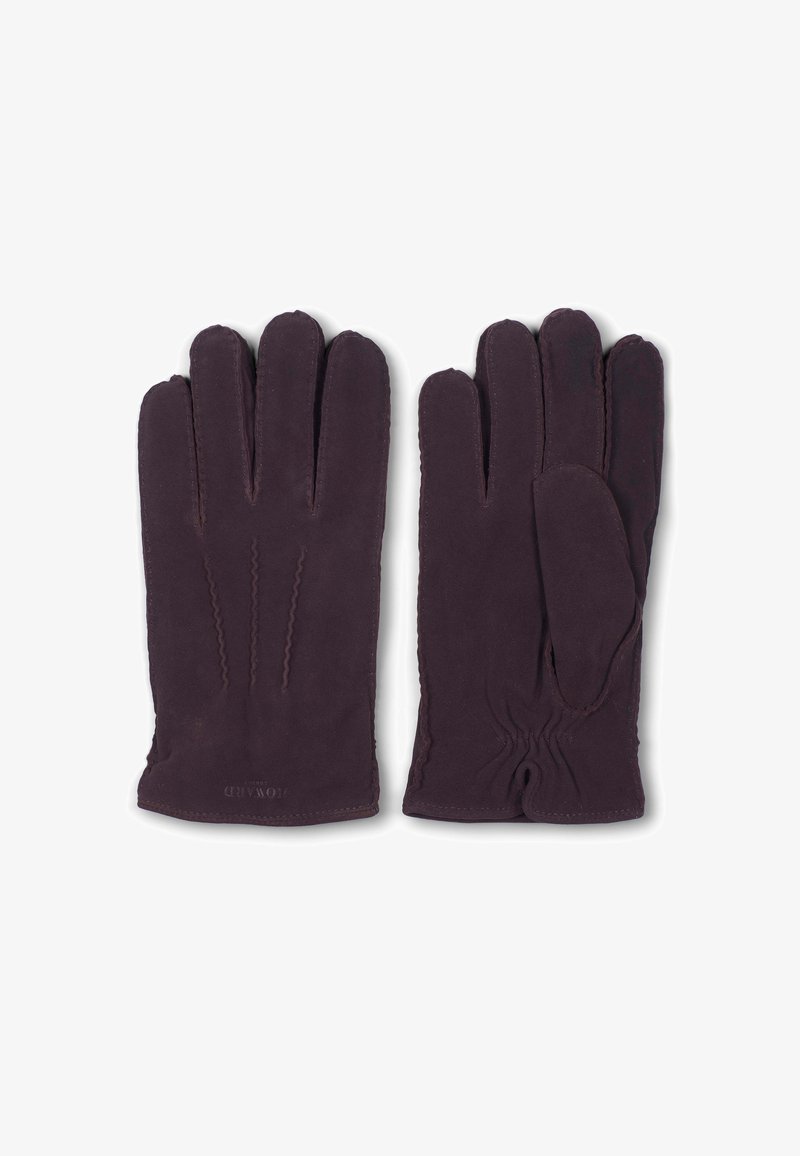 Mörklila handskar i mjukt läder med tre dekorativa sömmar på baksidan. Elastisk handled för en åtsittande passform. Mjuk textur över hela handskarna.