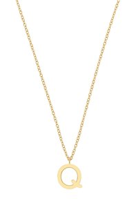 Złota naszyjnik z cienkim łańcuszkiem i okrągłym wisiorkiem z wystylizowaną literą "Q" na środku. Płaska i błyszcząca powierzchnia.