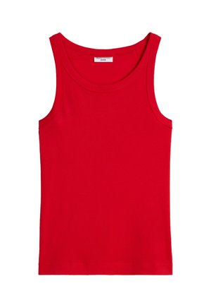 Rode mouwloze geribbelde tanktop met ronde halslijn en Mare O’ Polo Denim-label aan de binnenkant van de achterkant van de kraag.