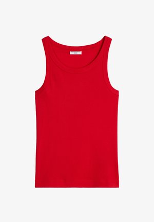 Rode mouwloze geribbelde tanktop met ronde halslijn en Mare O’ Polo Denim-label aan de binnenkant van de achterkant van de kraag.