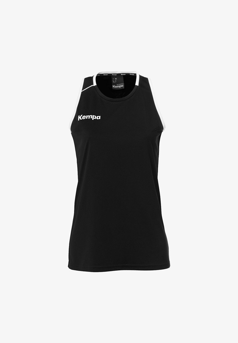 Top atletico senza maniche nero realizzato in tessuto traspirante, con accenti bianchi sulle spalle e il logo "Kempa" in bianco sulla parte frontale.
