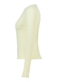 Light yellow long-sleeve lace top with scalloped edges and floral pattern, fitted silhouette, shown from side.