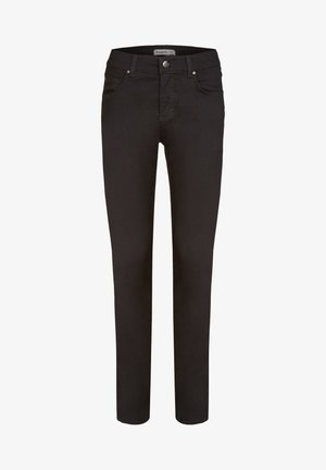Jean noir slim ajusté avec fermeture à boutons et zip, poches avant et arrière, et détails de surpiqûres visibles.