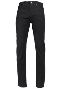 Zwarte denim jeans met een rechte pasvorm, voorzien van een knoopsluiting, vijf zakken en minimale stikseldetails. Zachte textuur en gladde afwerking.