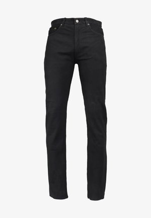 Zwarte denim jeans met een rechte pasvorm, voorzien van een knoopsluiting, vijf zakken en minimale stikseldetails. Zachte textuur en gladde afwerking.