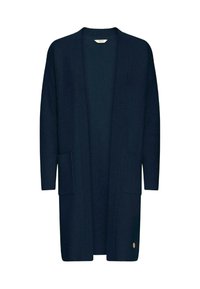 Cardigan long bleu marine en tissu doux et texturé, avec une coupe ample, un devant ouvert, deux poches avant et un petit accent de logo.