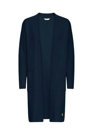 Marineblå lang cardigan lavet af blødt, tekstureret stof, med en løs pasform, åben front, to frontlommer og en lille logo-detalje.