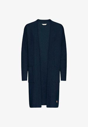 Navy blue long cardigan made of soft, textured fabric, featuring a loose fit, open front, two frontal pockets, and a small logo accent.