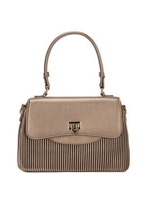 Metallic beige håndtaske med struktureret design, ribbet tekstur på den nederste del og gyldne hardwaredetaljer. Enkel top håndtag til bæring.