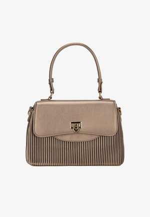 Metallic beige håndtaske med struktureret design, ribbet tekstur på den nederste del og gyldne hardwaredetaljer. Enkel top håndtag til bæring.