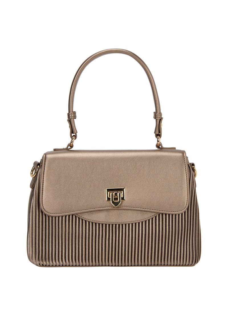Metallic beige håndtaske med struktureret design, ribbet tekstur på den nederste del og gyldne hardwaredetaljer. Enkel top håndtag til bæring.