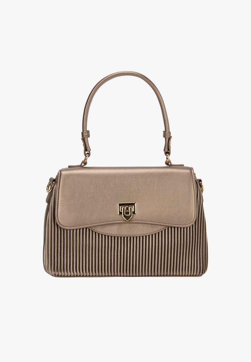 Geantă de mână metalizată bej, cu un design structurat, textură striată pe jumătatea inferioară și accente din aur. Mânere superioare unice pentru transport.