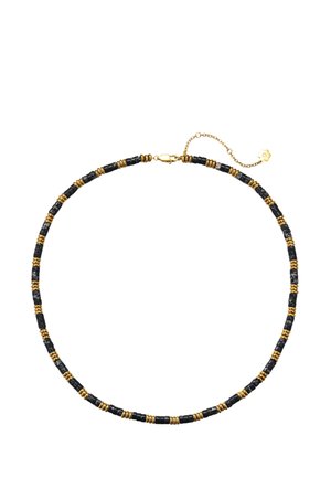 Schwarz-goldene Perlenkette mit kleinen runden goldenen Abstandshaltern und einem goldenen Kettenverschluss mit Blumenanhänger-Verlängerung.
