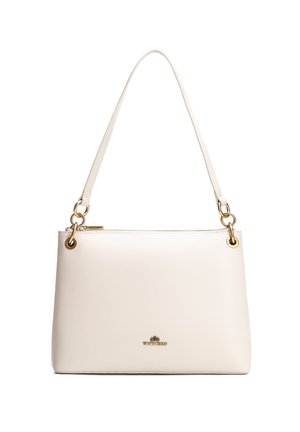 Crèmekleurige leren handtas met gouden ringen en ritssluiting, voorzien van een enkele riem en een klein logo in het midden aan de voorkant.