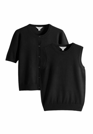 Zwart gebreide trui set bevat een kort mouwen knopen cardigan en een mouwloze top. Beide hebben een gladde textuur en ronde halslijnen.