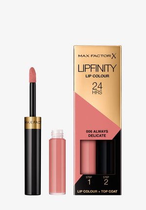 Couleur à lèvres Max Factor Lipfinity en teinte 006 Always Delicate avec applicateur et emballage montrant la couleur à lèvres en deux étapes et le top coat.