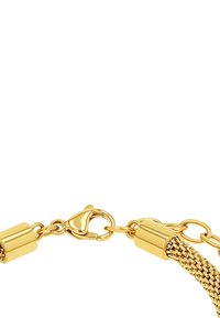 Bracciale in rete dorata con chiusura a moschettone e estremità cilindriche, dotato di anelli a catena per una misura regolabile e una superficie liscia e lucente.