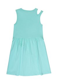 Un vestito senza maniche di un turchese chiaro, con vita arricciata e una vestibilità comoda. Realizzato in un tessuto morbido con una textura liscia.