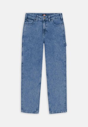 Blue straight-leg denim jeans with front and back pockets, belt loops, a button closure, and a side utility loop against a white background.