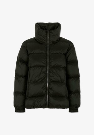 Czarna kurtka puchowa z wysokim kołnierzem, z suwakiem z przodu, pikowanym wzorem, elastycznymi mankietami i gładką, błyszczącą teksturą.