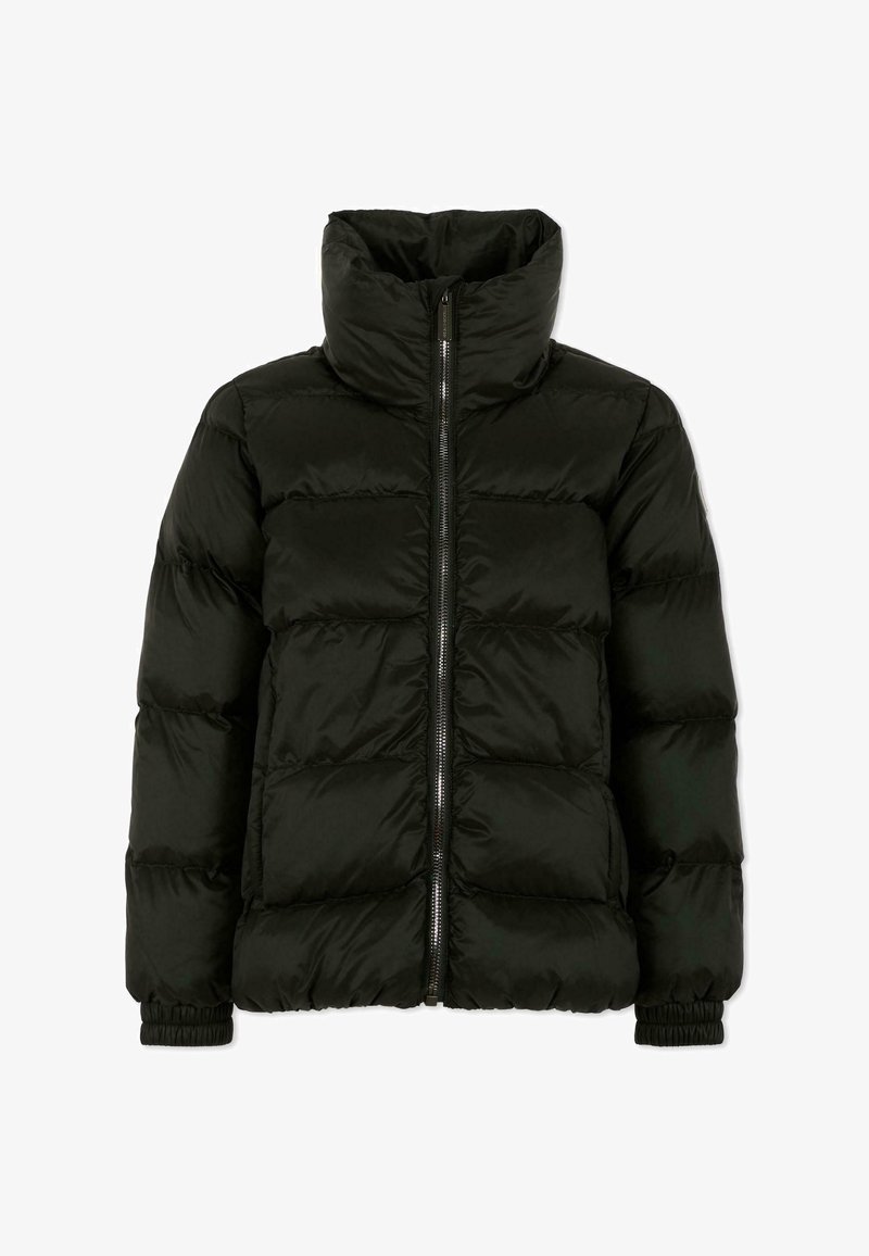 Giacca a vento nera con colletto alto, dotata di zip frontale, design trapuntato, polsini elasticizzati e una texture liscia e lucida.