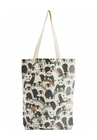 Tote bag med et legende mønster af tegneseriepingviner iført hatte og tørklæder, sat mod en lys baggrund.