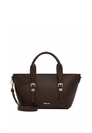 Sac à main en cuir marron foncé avec deux poignées, boucles dorées, une bandoulière amovible et un petit logo au centre devant.