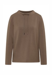Bruine lange mouwen pullover met hoge hals, voorzien van een trekkoordsluiting en subtiele textuur. Eenvoudig ontwerp zonder patronen of accenten.