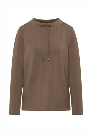 Pull-over marron à manches longues avec un col montant, doté d'une fermeture à cordon de serrage et d'une texture subtile. Design simple sans motifs ni accents.