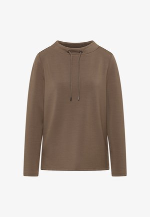 Pull-over marron à manches longues avec un col montant, doté d'une fermeture à cordon de serrage et d'une texture subtile. Design simple sans motifs ni accents.