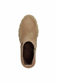 Sleek brown ankle boot with smooth leather exterior, textured interior, side zip closure, and chunky rubber sole for traction.