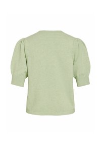 Lichtgroene korte mouw trui met opgeblazen mouwen en geribbelde manchetten, gezien van de achterkant tegen een witte achtergrond.