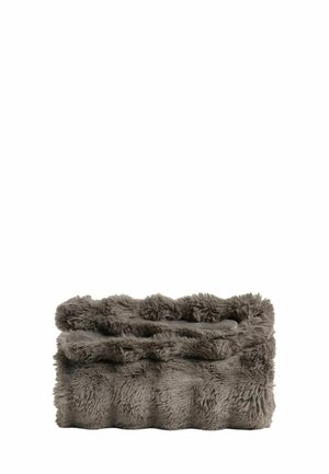 Soft, fluffy gray faux fur neck warmer with a circular, tubular shape for cozy wear.