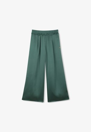 Pantalon large en satin vert foncé avec taille élastique et plis subtils, présenté sur un fond blanc.