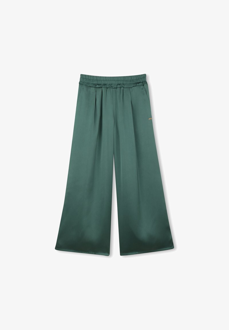 Pantalon large en satin vert foncé avec taille élastique et plis subtils, présenté sur un fond blanc.