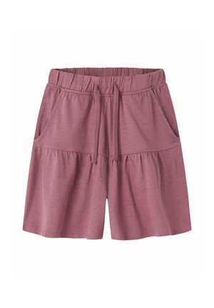 Miękkie mauve elastyczne spodenki z wiązaniem z przodu, kieszeniami bocznymi i marszczonym detalem przypominającym spódnicę wokół ud.